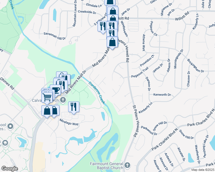 map of restaurants, bars, coffee shops, grocery stores, and more near 7 Colchester Court in St. Peters