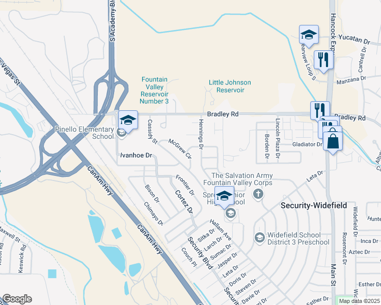 map of restaurants, bars, coffee shops, grocery stores, and more near 4455 McGrew Circle in Colorado Springs