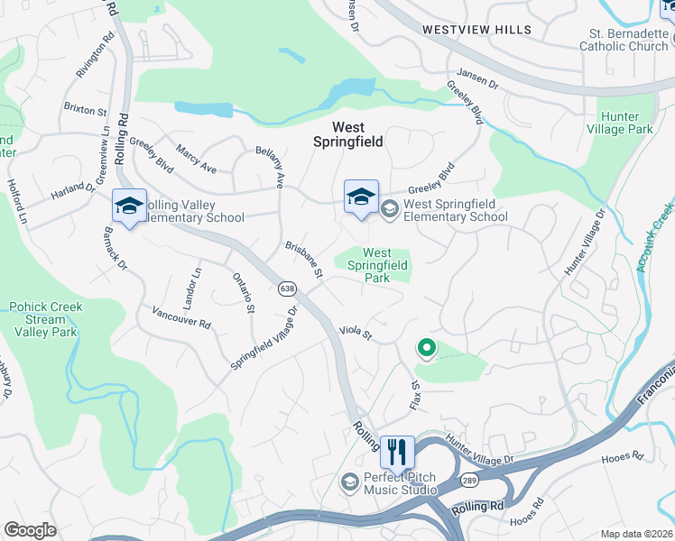 map of restaurants, bars, coffee shops, grocery stores, and more near 8008 Springfield Village Drive in West Springfield