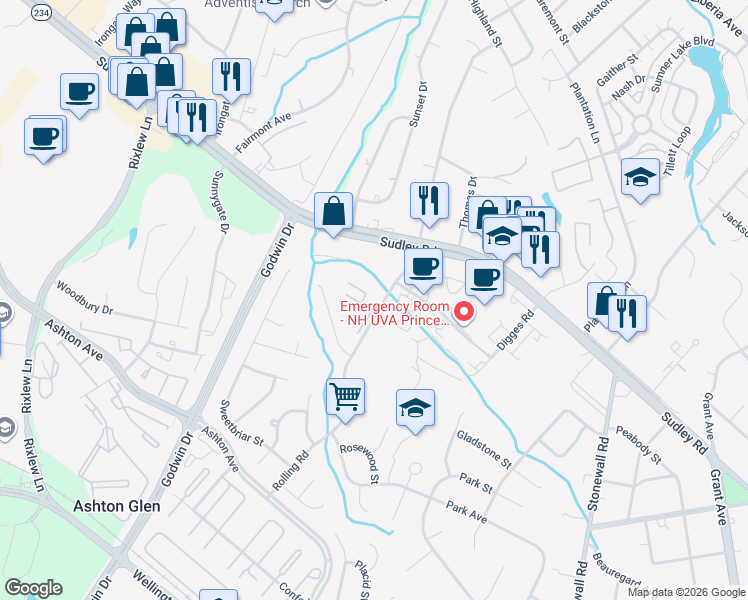map of restaurants, bars, coffee shops, grocery stores, and more near 8710 Tanglewood Court in Manassas