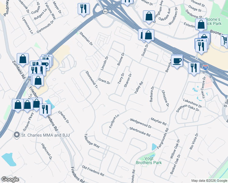 map of restaurants, bars, coffee shops, grocery stores, and more near 26 Terry Drive in Saint Charles