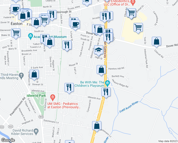 map of restaurants, bars, coffee shops, grocery stores, and more near 303 Choptank Avenue in Easton