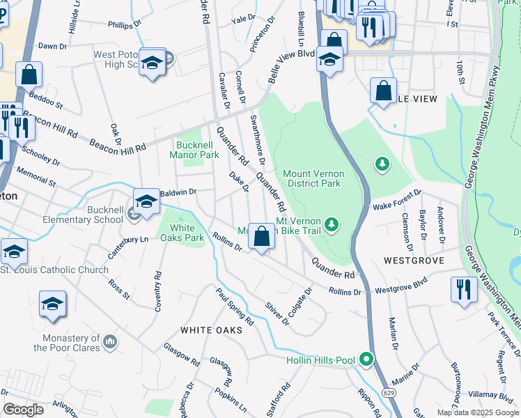 map of restaurants, bars, coffee shops, grocery stores, and more near 6914 Columbia Drive in Alexandria