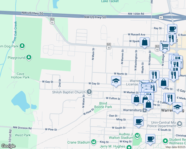 map of restaurants, bars, coffee shops, grocery stores, and more near 415 North Main Street in Warrensburg
