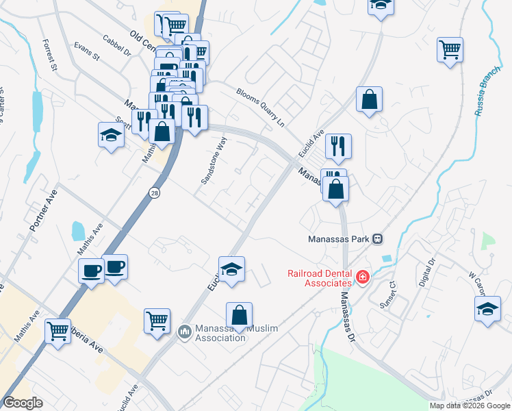 map of restaurants, bars, coffee shops, grocery stores, and more near 8669 Inyo Place in Manassas Park