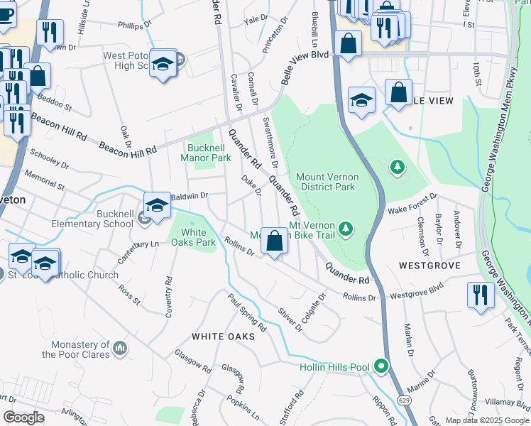 map of restaurants, bars, coffee shops, grocery stores, and more near 6913 Duke Drive in Alexandria