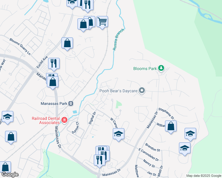 map of restaurants, bars, coffee shops, grocery stores, and more near 9632 Wigfall Way in Manassas Park