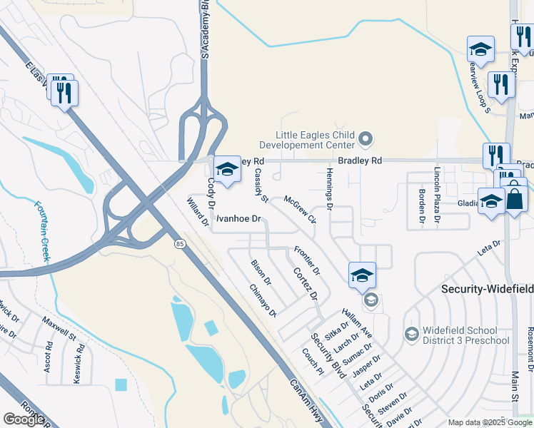 map of restaurants, bars, coffee shops, grocery stores, and more near 2417 Ivanhoe Drive in Colorado Springs