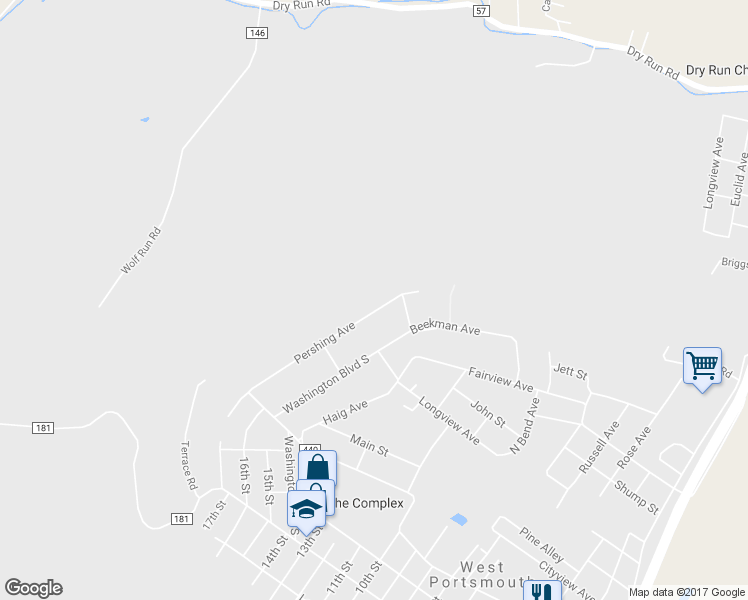 map of restaurants, bars, coffee shops, grocery stores, and more near 2021 Pershing Avenue in West Portsmouth