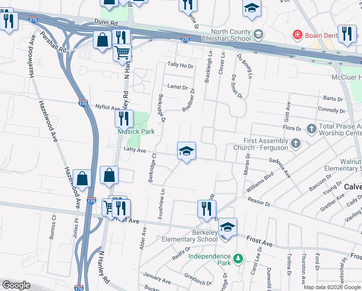 map of restaurants, bars, coffee shops, grocery stores, and more near 7009 Laupher Lane in Hazelwood