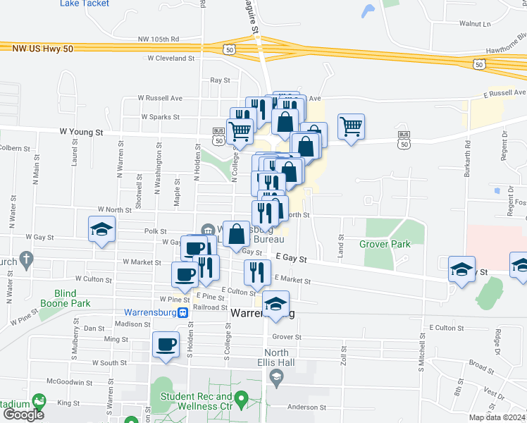 map of restaurants, bars, coffee shops, grocery stores, and more near 213 East North Street in Warrensburg