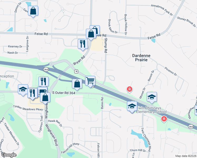 map of restaurants, bars, coffee shops, grocery stores, and more near 15 Needle Court in O'Fallon