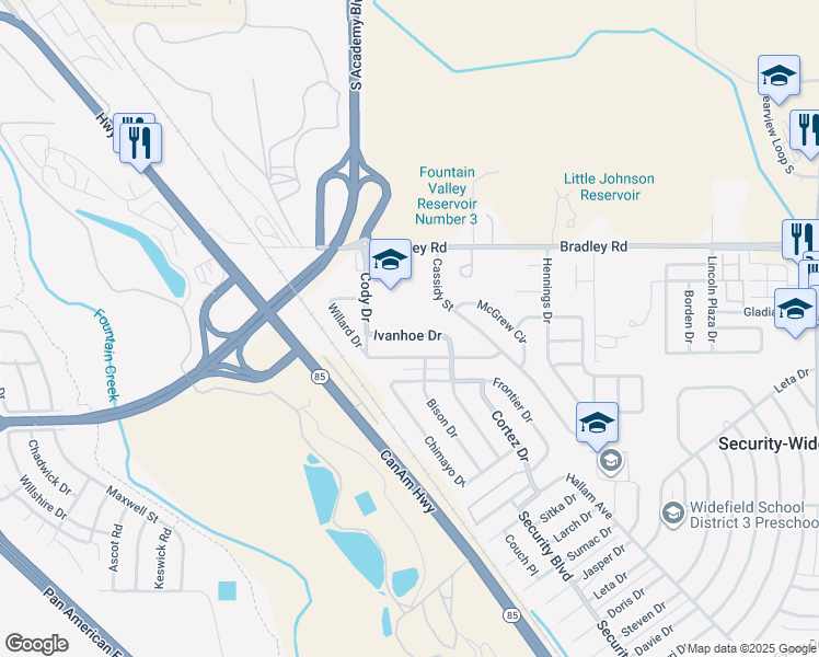 map of restaurants, bars, coffee shops, grocery stores, and more near 2513 Ivanhoe Drive in Colorado Springs