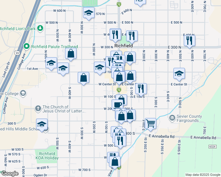 map of restaurants, bars, coffee shops, grocery stores, and more near 59 West Center Street in Richfield
