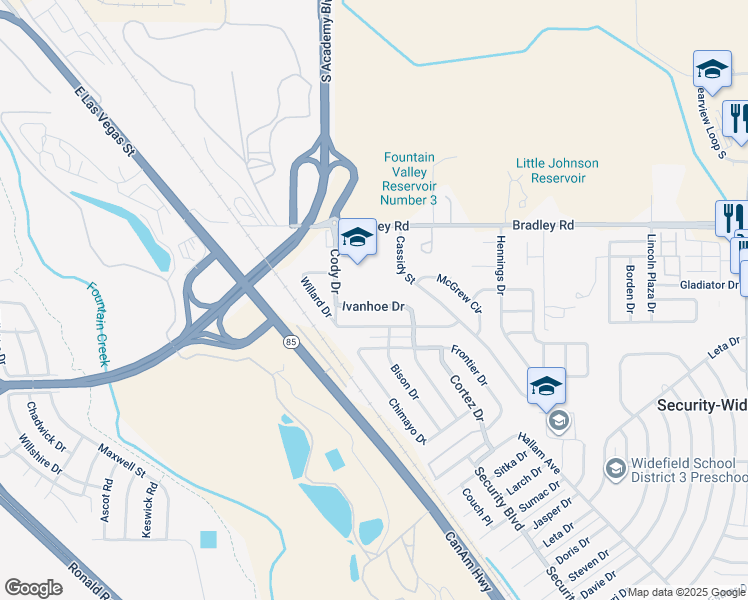 map of restaurants, bars, coffee shops, grocery stores, and more near 2513 Ivanhoe Drive in Colorado Springs