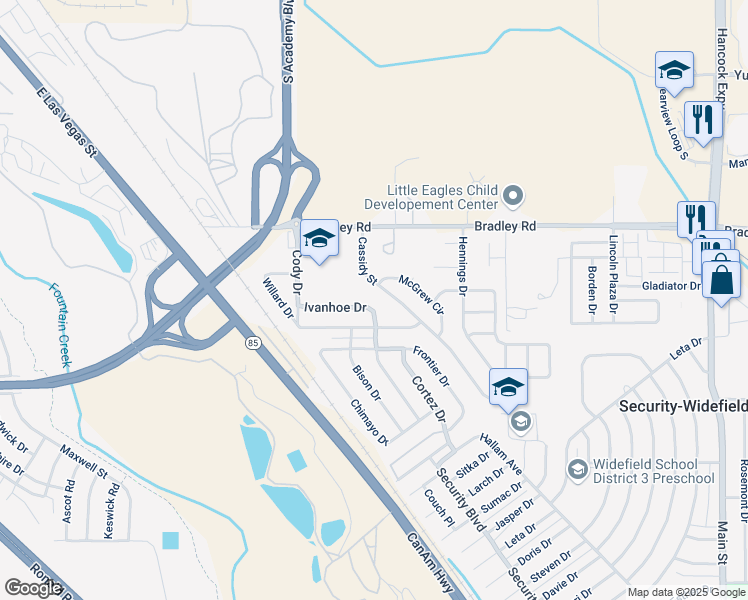 map of restaurants, bars, coffee shops, grocery stores, and more near 2417 Ivanhoe Drive in Colorado Springs