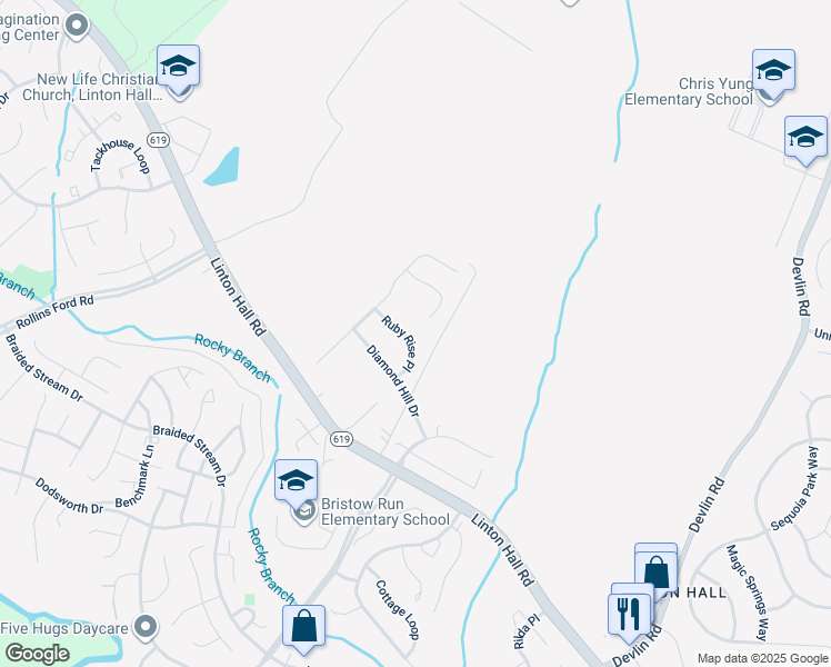 map of restaurants, bars, coffee shops, grocery stores, and more near 8671 Ruby Rise Place in Bristow