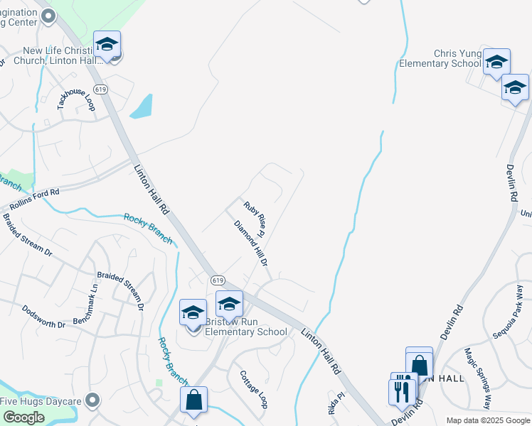 map of restaurants, bars, coffee shops, grocery stores, and more near 8671 Ruby Rise Place in Bristow