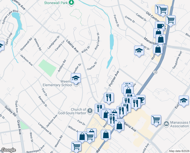 map of restaurants, bars, coffee shops, grocery stores, and more near 8590 Adamson Street in Manassas