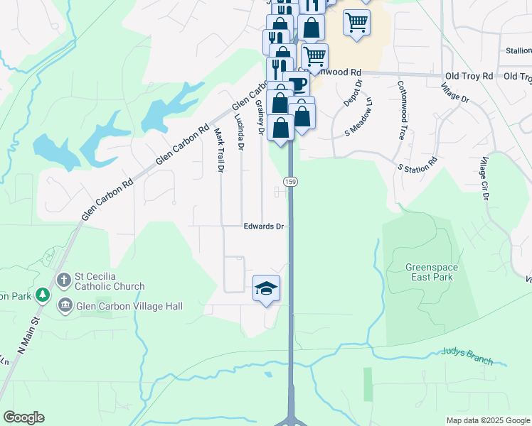 map of restaurants, bars, coffee shops, grocery stores, and more near 27 Grainey Drive in Glen Carbon