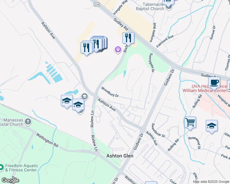 map of restaurants, bars, coffee shops, grocery stores, and more near 8656 Hallard Court in Manassas