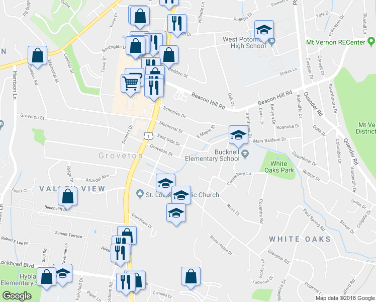 map of restaurants, bars, coffee shops, grocery stores, and more near 2713 East Side Drive in Alexandria