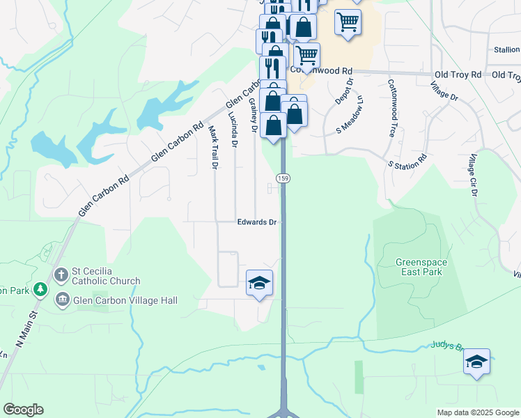 map of restaurants, bars, coffee shops, grocery stores, and more near 27 Grainey Drive in Glen Carbon