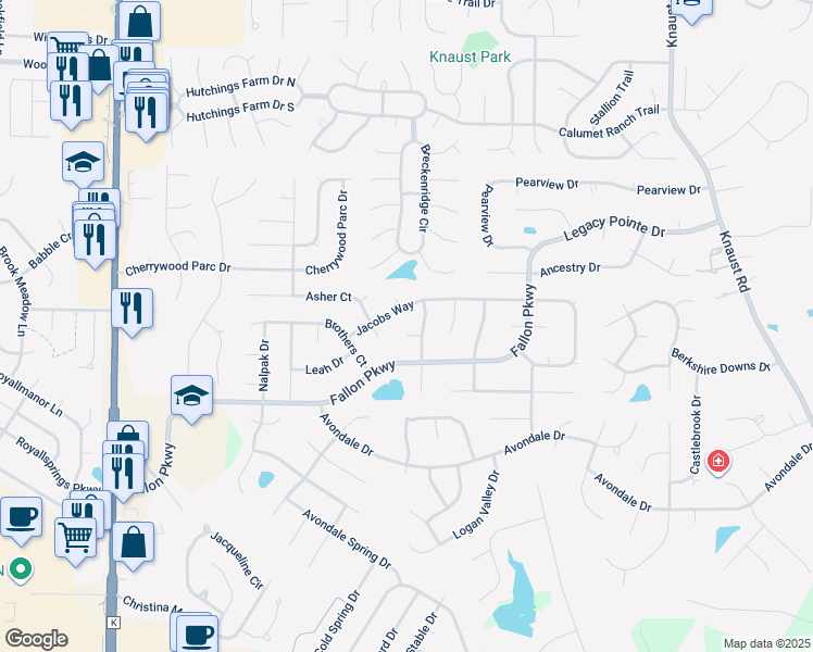 map of restaurants, bars, coffee shops, grocery stores, and more near 19 Jacobs Pillow Court in St. Peters