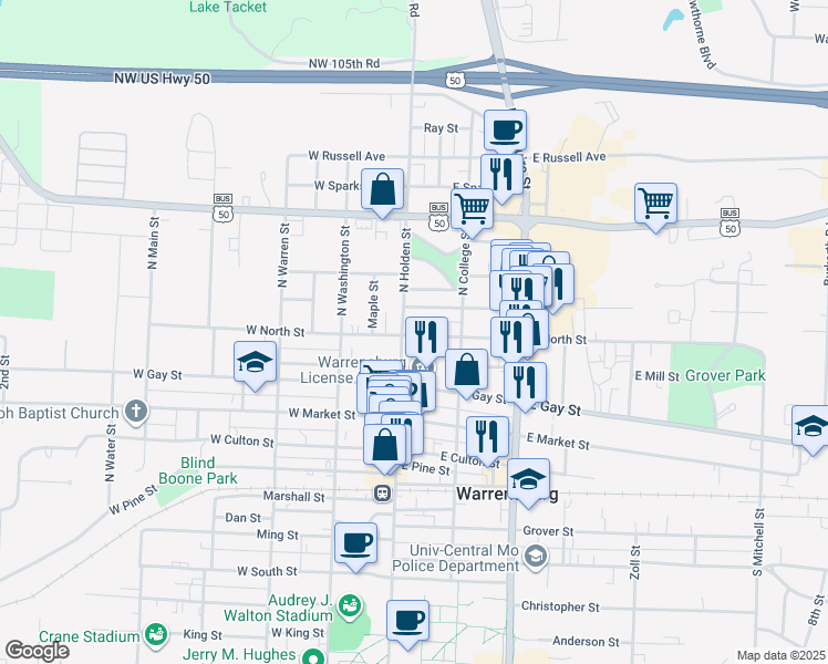 map of restaurants, bars, coffee shops, grocery stores, and more near 105 East North Street in Warrensburg