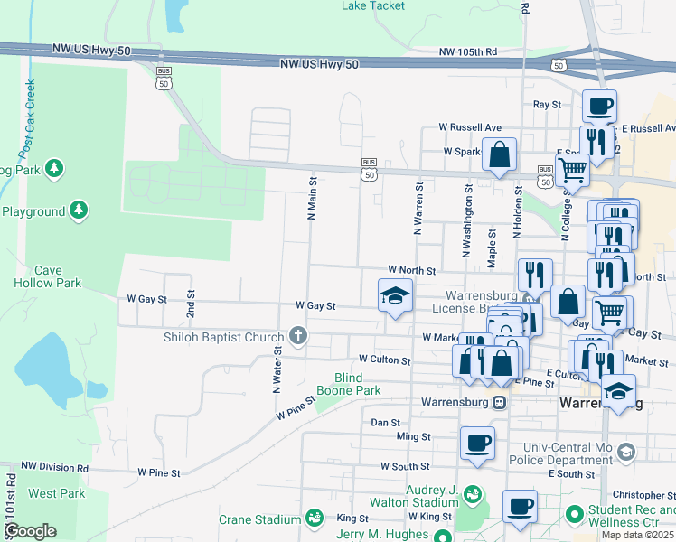 map of restaurants, bars, coffee shops, grocery stores, and more near 410 West North Street in Warrensburg