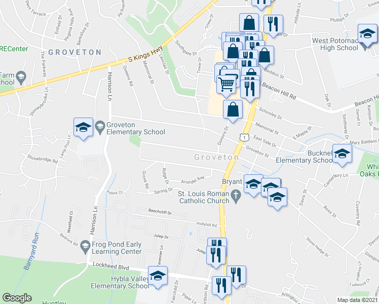 map of restaurants, bars, coffee shops, grocery stores, and more near 3221 Clayborne Avenue in Alexandria