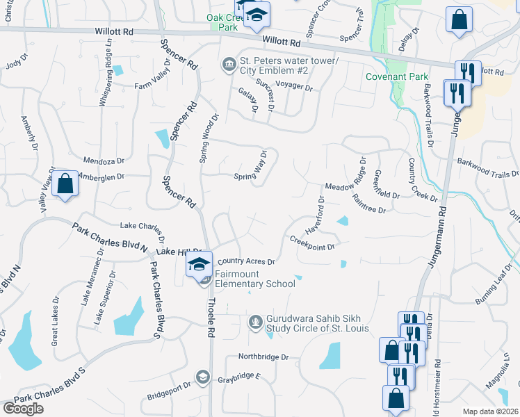 map of restaurants, bars, coffee shops, grocery stores, and more near 504 Liberty Crossing Court in St. Peters