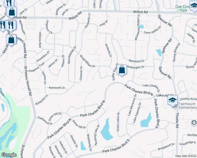 map of restaurants, bars, coffee shops, grocery stores, and more near 19 Eagles Landing Drive in St. Peters