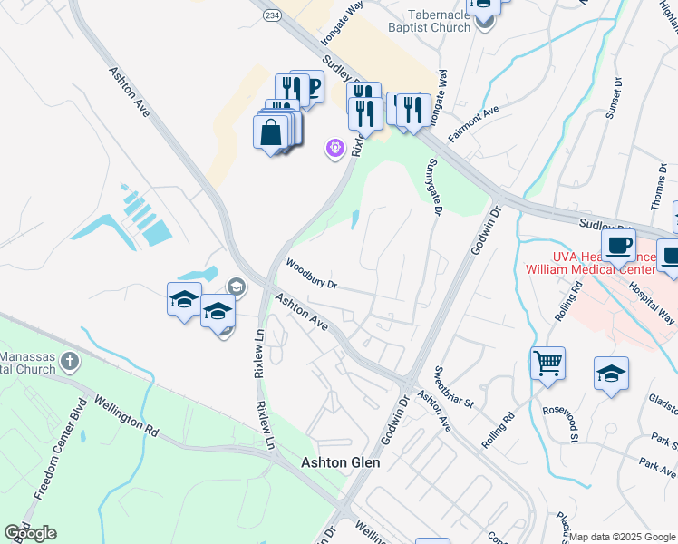 map of restaurants, bars, coffee shops, grocery stores, and more near 8653 Hallard Court in Manassas