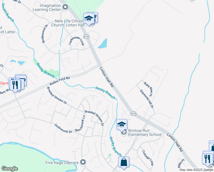 map of restaurants, bars, coffee shops, grocery stores, and more near 8618 Linton Hall Rd in Bristow