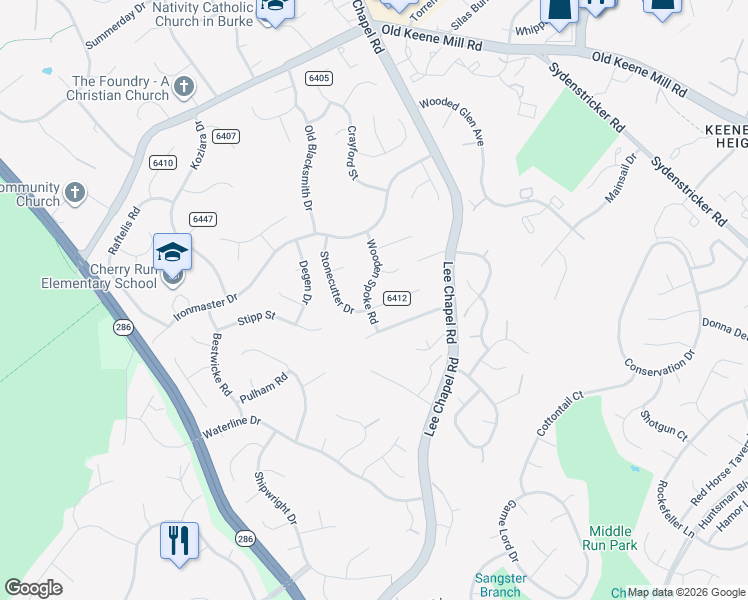 map of restaurants, bars, coffee shops, grocery stores, and more near 6717 Wooden Spoke Road in Burke