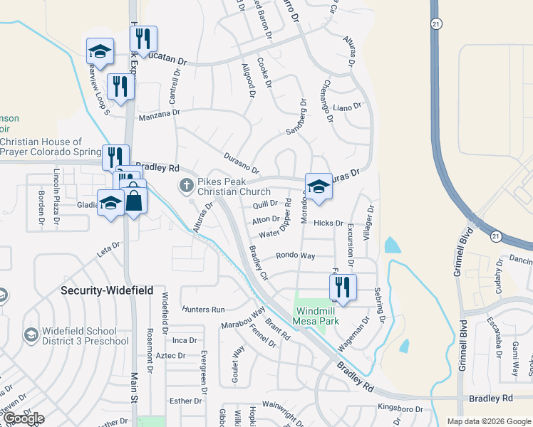 map of restaurants, bars, coffee shops, grocery stores, and more near 5130 Alton Drive in Colorado Springs
