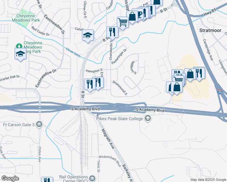 map of restaurants, bars, coffee shops, grocery stores, and more near 4420 Drummond Circle in Colorado Springs