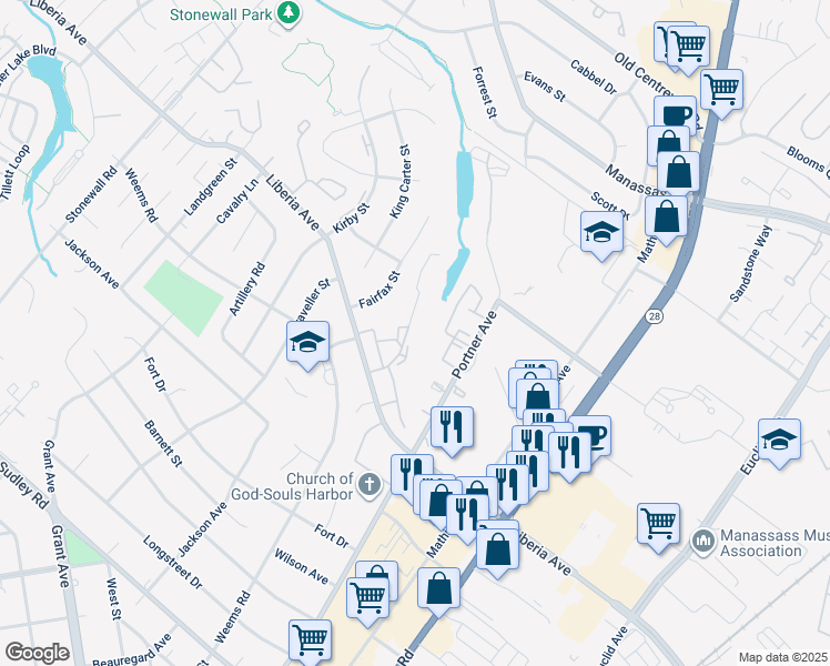 map of restaurants, bars, coffee shops, grocery stores, and more near 8659 Point of Woods Drive in Manassas