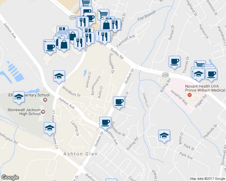 map of restaurants, bars, coffee shops, grocery stores, and more near 10021 Balls Ford Road in Manassas