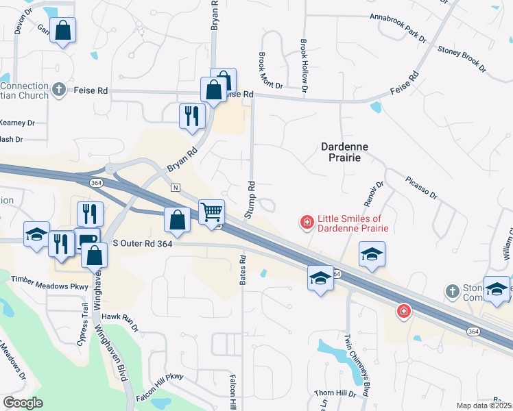 map of restaurants, bars, coffee shops, grocery stores, and more near 19 Needle Court in O'Fallon