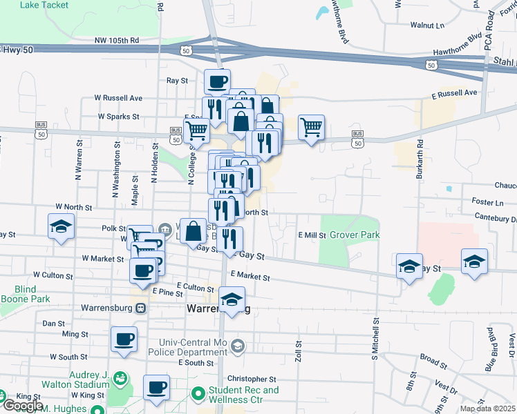 map of restaurants, bars, coffee shops, grocery stores, and more near 313 East North Street in Warrensburg