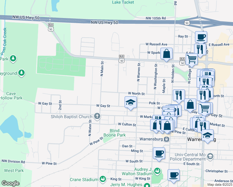 map of restaurants, bars, coffee shops, grocery stores, and more near 410 West North Street in Warrensburg