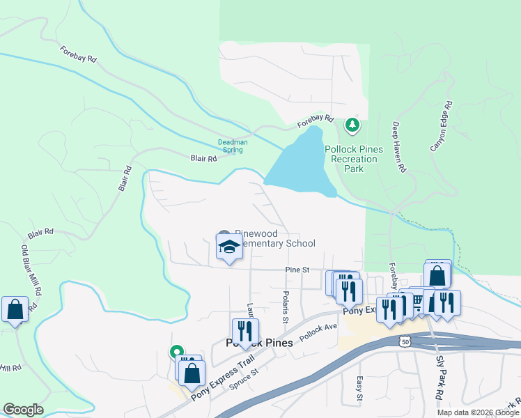 map of restaurants, bars, coffee shops, grocery stores, and more near 6218 Drop Off Road in Pollock Pines