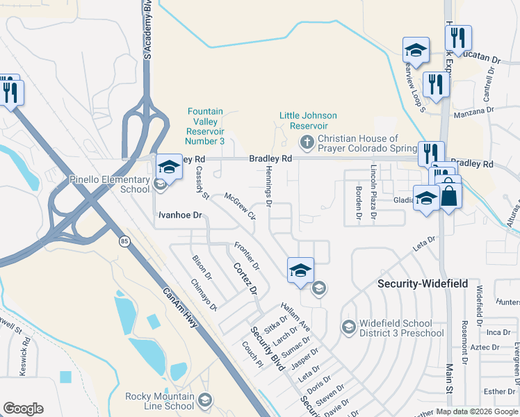 map of restaurants, bars, coffee shops, grocery stores, and more near 4455 McGrew Circle in Colorado Springs