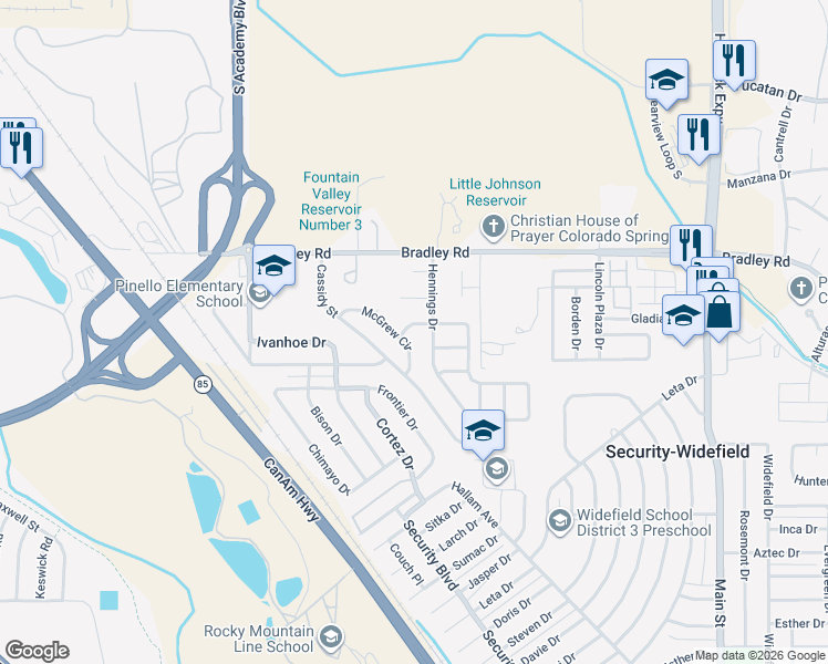 map of restaurants, bars, coffee shops, grocery stores, and more near 4455 McGrew Circle in Colorado Springs
