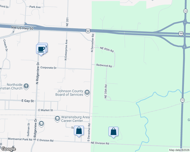 map of restaurants, bars, coffee shops, grocery stores, and more near 403 North Devasher Road in Warrensburg
