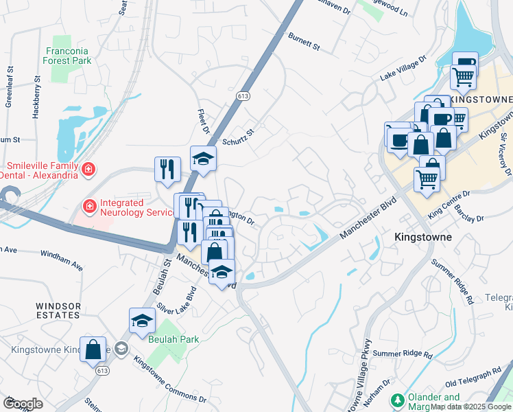 map of restaurants, bars, coffee shops, grocery stores, and more near 6155 Old Brentford Court in Alexandria