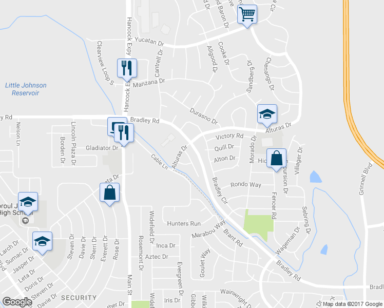 map of restaurants, bars, coffee shops, grocery stores, and more near 4433 Windmill Creek Way in Colorado Springs
