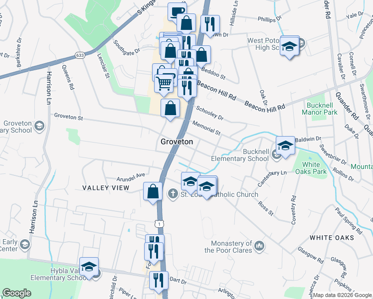 map of restaurants, bars, coffee shops, grocery stores, and more near 2917 Groveton Street in Alexandria